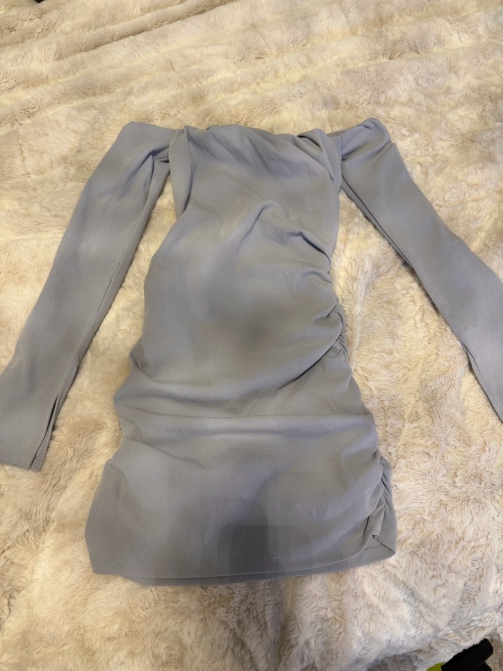 Zara Light Gray Off-Shoulder Long Sleeve Ruched Mini Dress